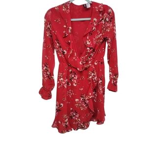 Divided Red Floral Wrap Dress with Ruffle V-Neck